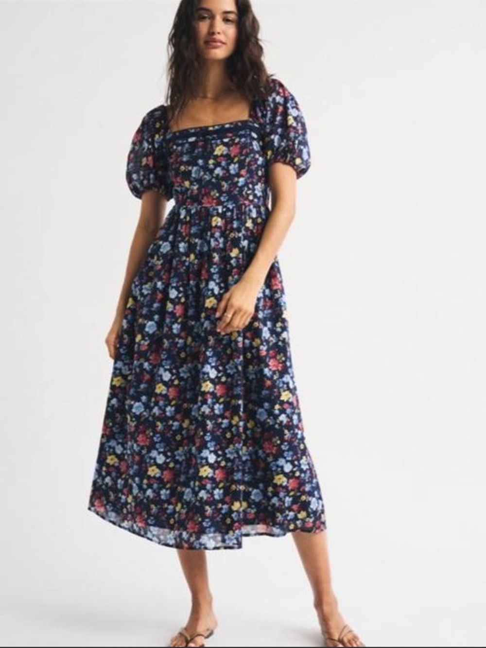 Abercrombie & Fitch Women's Emerson Puff Sleeve Midi Dress Navy Floral Large